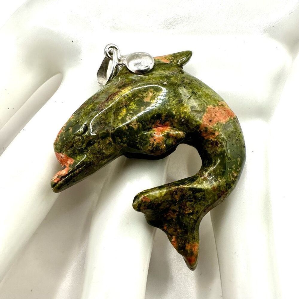 Dolphin unakite sterling silver pendant